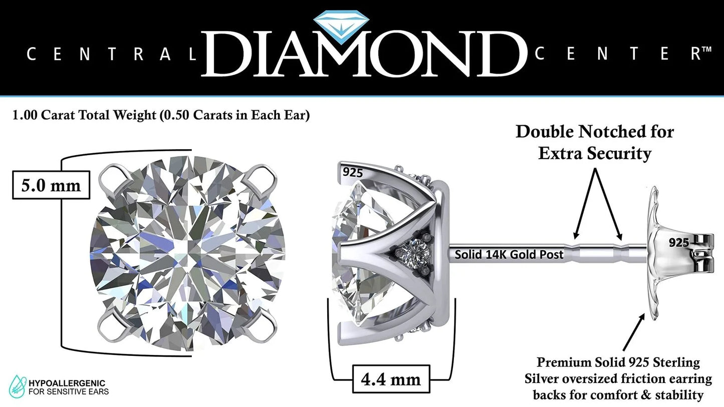4 Prong Lucita Simulated Diamond Stud Earrings with Solid 14K Gold Posts-White-5.0 Mm-1.00Ctw