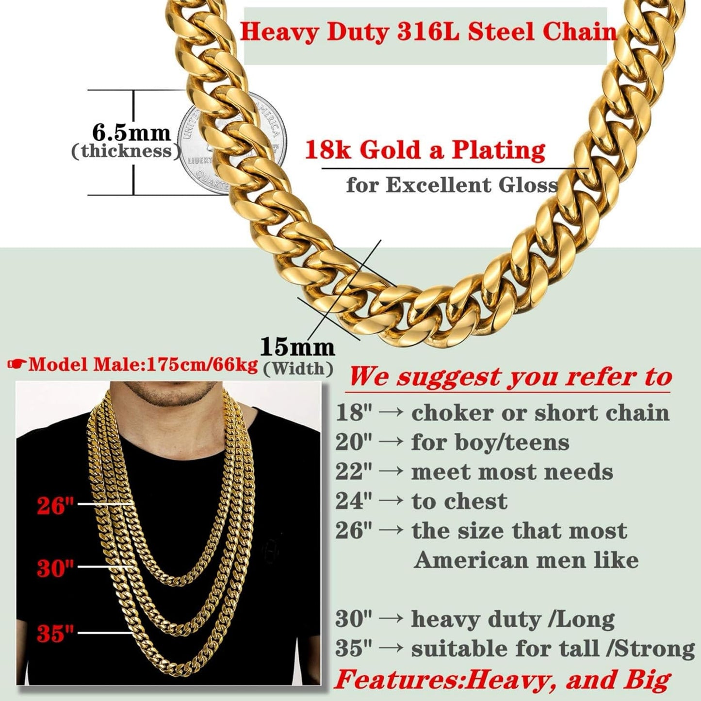 Miami Cuban Link Chain for Men 15Mm 18K Gold Stainless Steel Curb Necklace, Hip Hop Jewelry, Durable & Anti-Tarnish Mens Chain 18" 20" 22" 30" Inch, Pops Gifts for Fathers Boyfriends, Sons