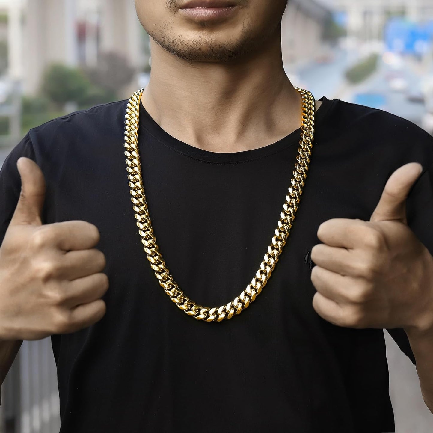 Miami Cuban Link Chain for Men 15Mm 18K Gold Stainless Steel Curb Necklace, Hip Hop Jewelry, Durable & Anti-Tarnish Mens Chain 18" 20" 22" 30" Inch, Pops Gifts for Fathers Boyfriends, Sons