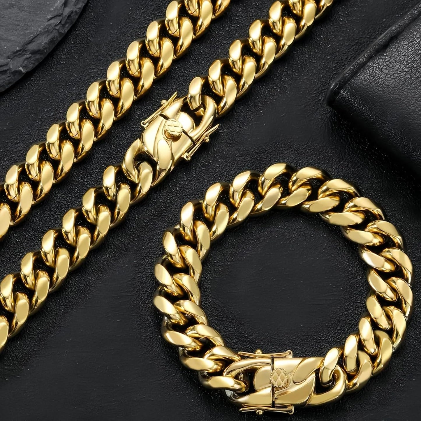 Miami Cuban Link Chain for Men 15Mm 18K Gold Stainless Steel Curb Necklace, Hip Hop Jewelry, Durable & Anti-Tarnish Mens Chain 18" 20" 22" 30" Inch, Pops Gifts for Fathers Boyfriends, Sons