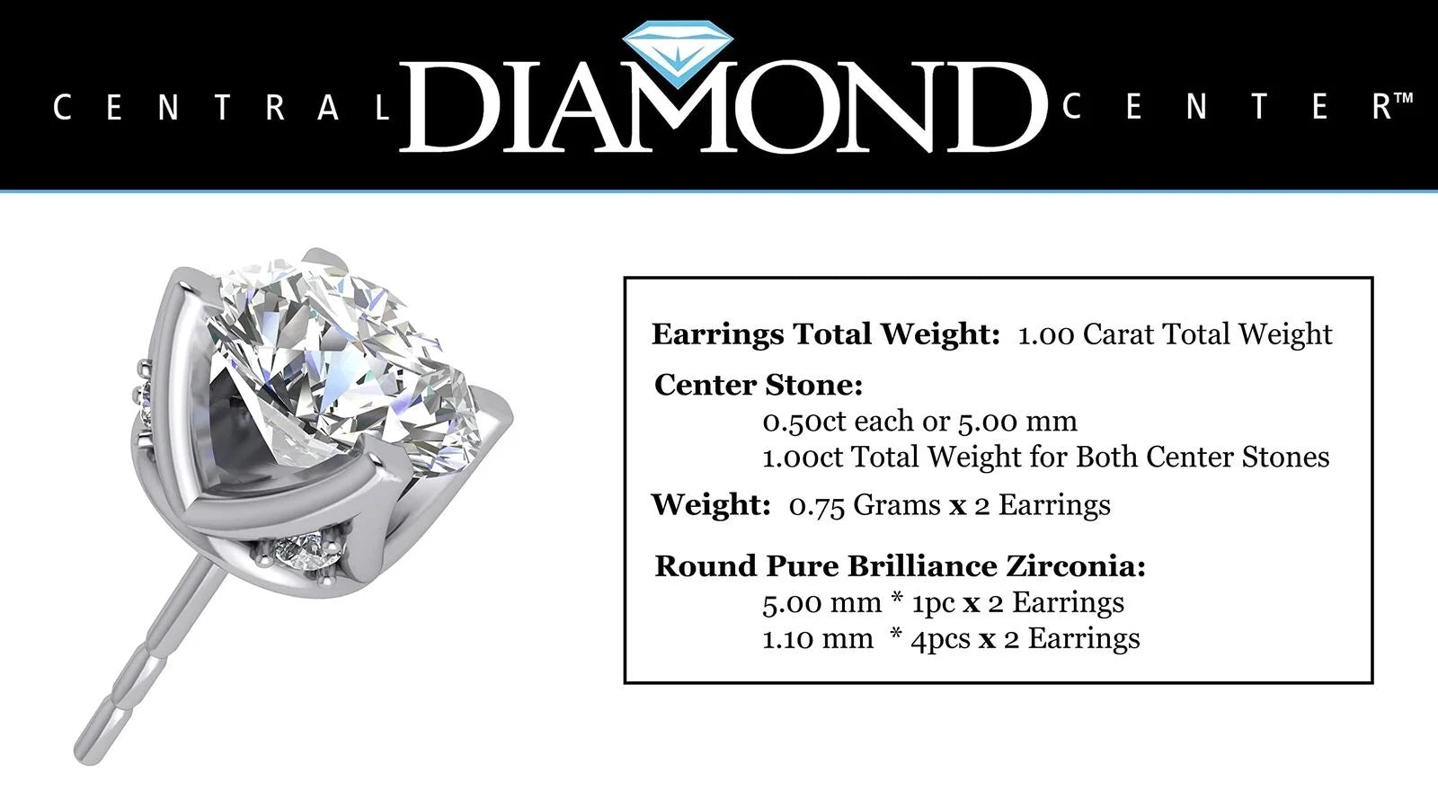 4 Prong Lucita Simulated Diamond Stud Earrings with Solid 14K Gold Posts-White-5.0 Mm-1.00Ctw